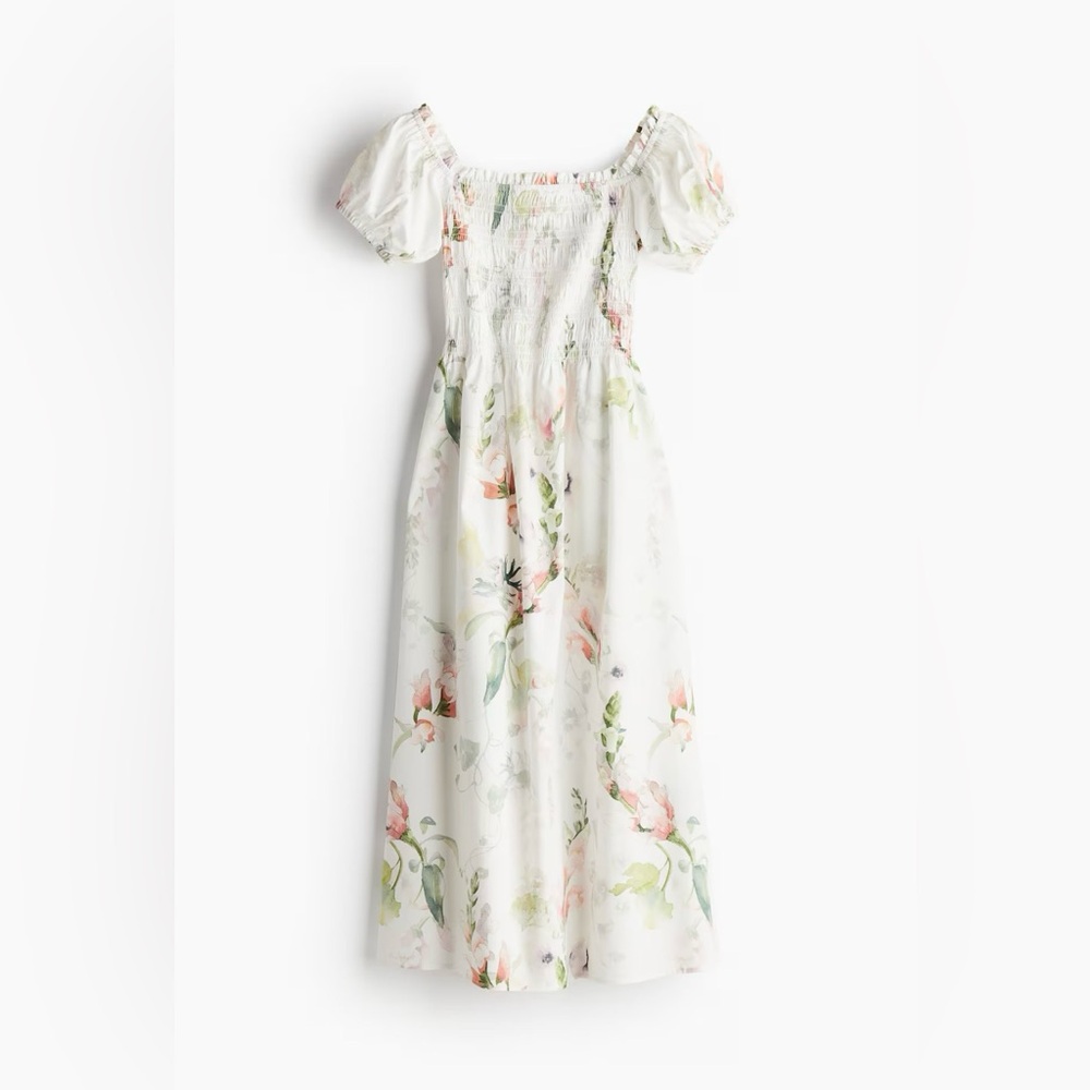 H&M Floral Smocked Poplin Midi Dress